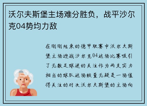 沃尔夫斯堡主场难分胜负，战平沙尔克04势均力敌