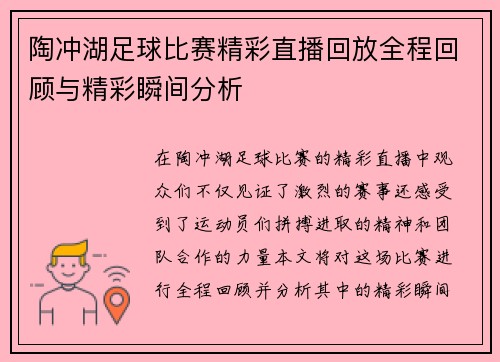 陶冲湖足球比赛精彩直播回放全程回顾与精彩瞬间分析