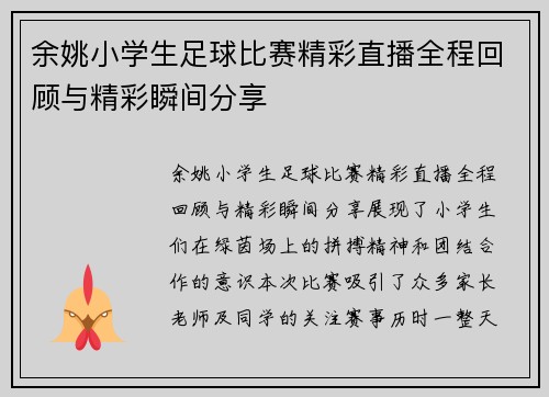 余姚小学生足球比赛精彩直播全程回顾与精彩瞬间分享